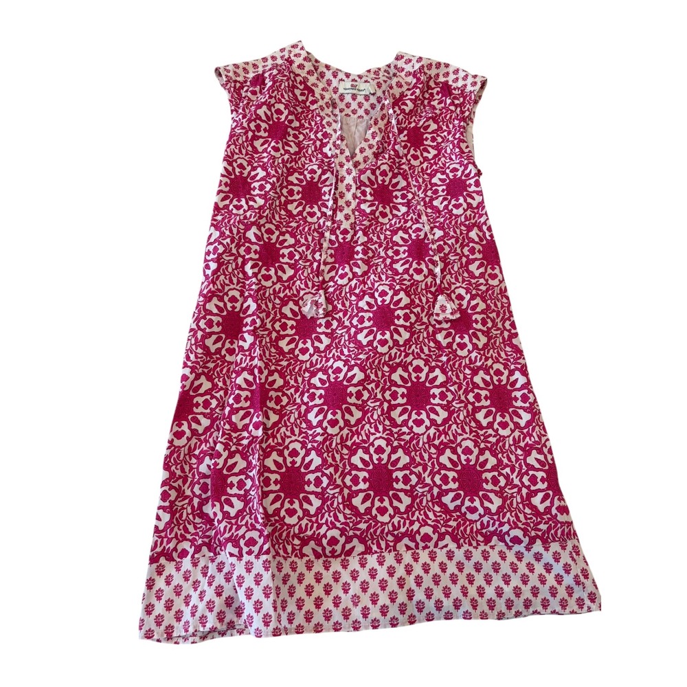 Vineyard Vines Womens XS Pink White‎ Cotton Block Print Tassel Shift Dress